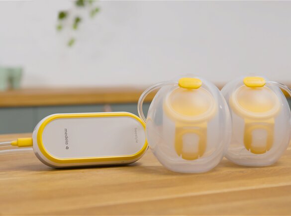 Freestyle™ Hands-free double electric wearable breast pump Medela Freestyle™ Hands-free double electric wearable breast pump sitting on counter