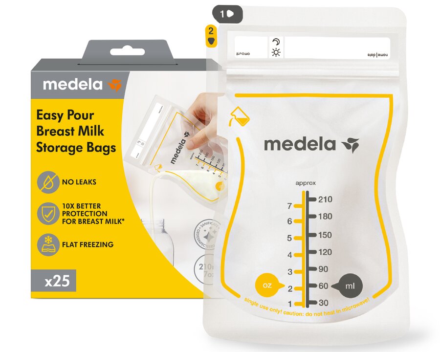 Easy Pour Breast Milk Storage Bags Retail packaging for Medela Easy Pour Breast Milk Storage Bags, 25 count | No Leaks, BPA free