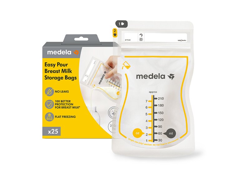 Easy Pour Breast Milk Storage Bags Retail packaging for Medela Easy Pour Breast Milk Storage Bags, 25 count | No Leaks, BPA free