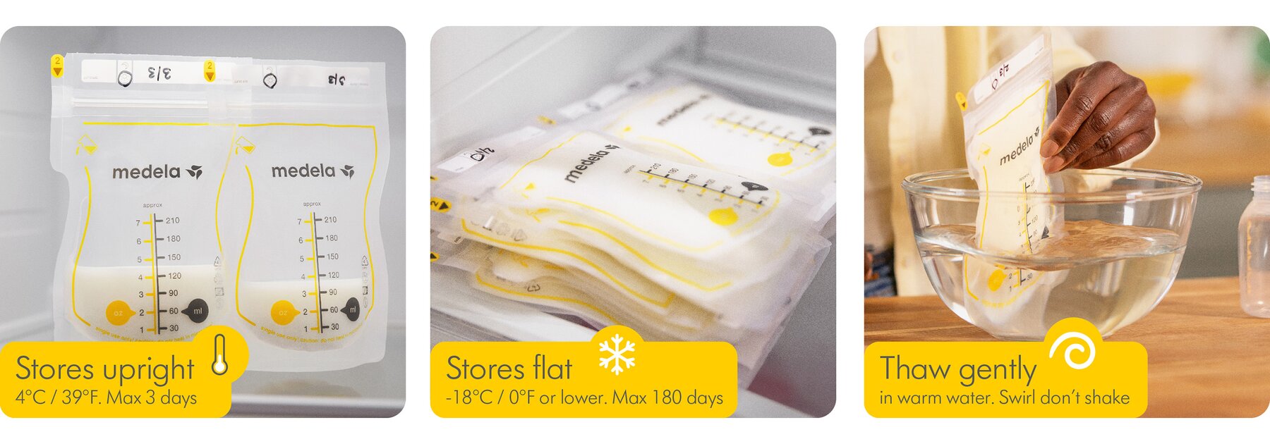 Medela breast milk bags stored upright in the refrigerator, flat in the freezer and thawing gently in warm water.