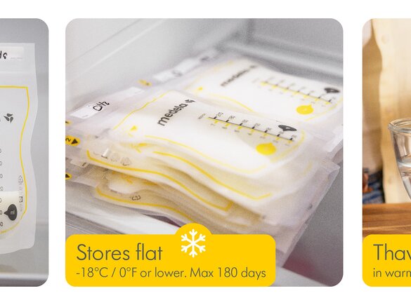 Easy Pour Breast Milk Storage Bags Medela breast milk bags stored upright in the refrigerator, flat in the freezer and thawing gently in warm water.
