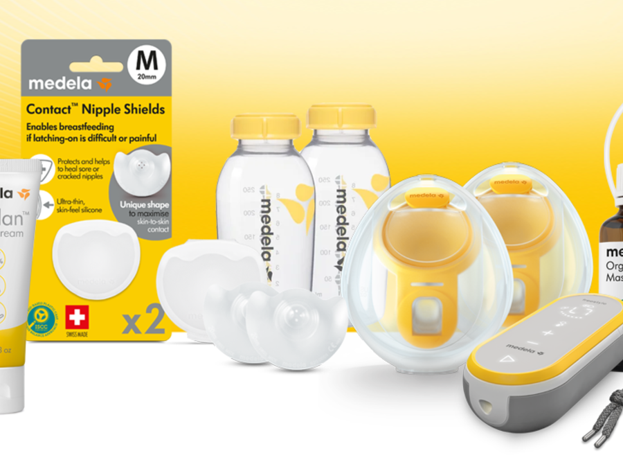 Breites Bild mit Medela Swing Maxi, Medela Purelan, Medela Contact Nipple Shields, Medela Collection Containers, Medela Hands-free collection cups, Medela Freestyle Hands-free pump, Medela Breast Massage Oil, Medela Symphony Pump
