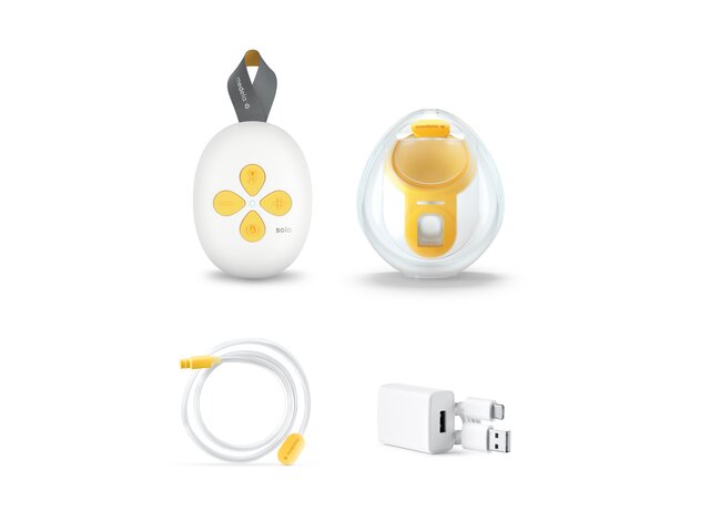 Tiralatte elettrico singolo a mani libere Medela Solo™, coppa di raccolta, tubi, caricatore e cavo | © Solo™ Hands-free single electric breast pumps