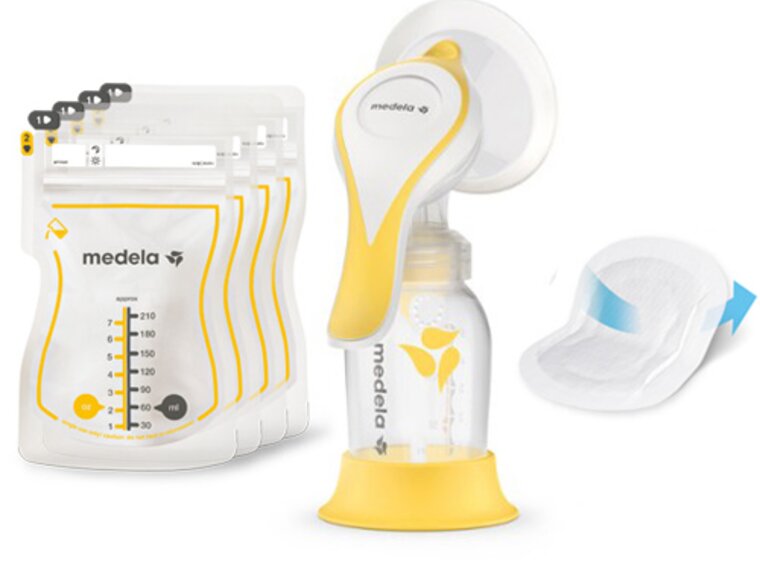 Harmony™ essentials pack manual breast pump set The items shown in the image are included in the Medela Harmony™ essentials pack manual breast pump set
