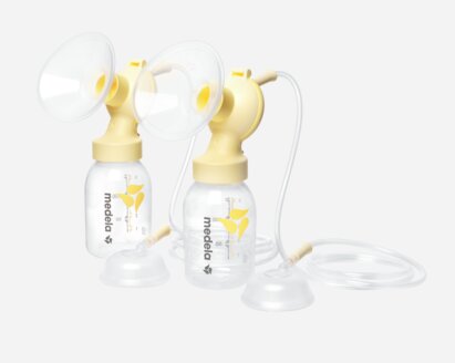 Medela Symphony® Doppelpumpenset, gewinkelt links mit Schlauch und Verschlusskappen