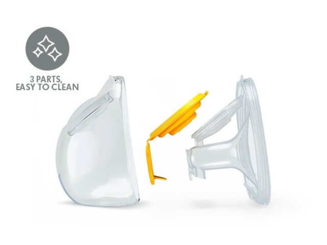 Medela Hands-free collection cups - Image text reads "3 parts, easy to clean"