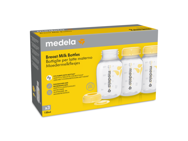 Confezione per la vendita al dettaglio di bottiglie per la conservazione del latte materno Medela da 150 ml, confezione da 3 pezzi