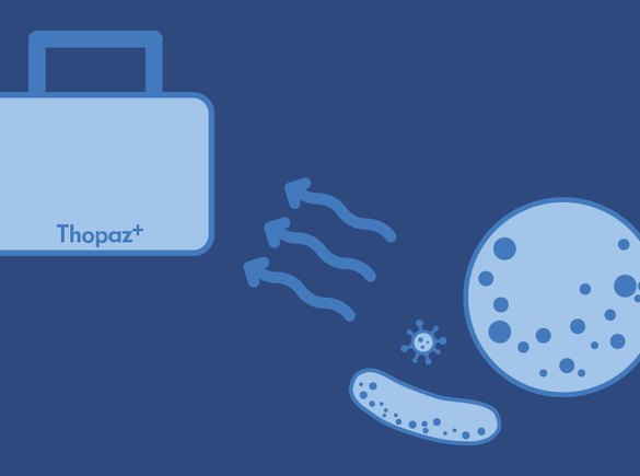 Dessin d'un Medela Thopaz montrant ses capacités de filtrage des virus.