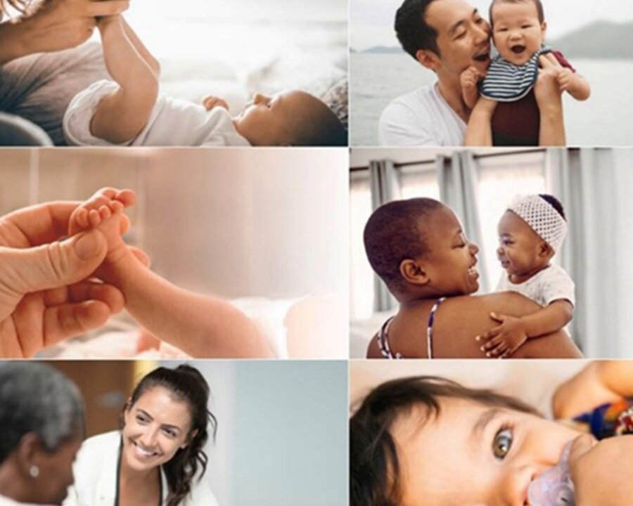 The Science of Care A photo collage of parents, babies and healthcare providers spending time together.
